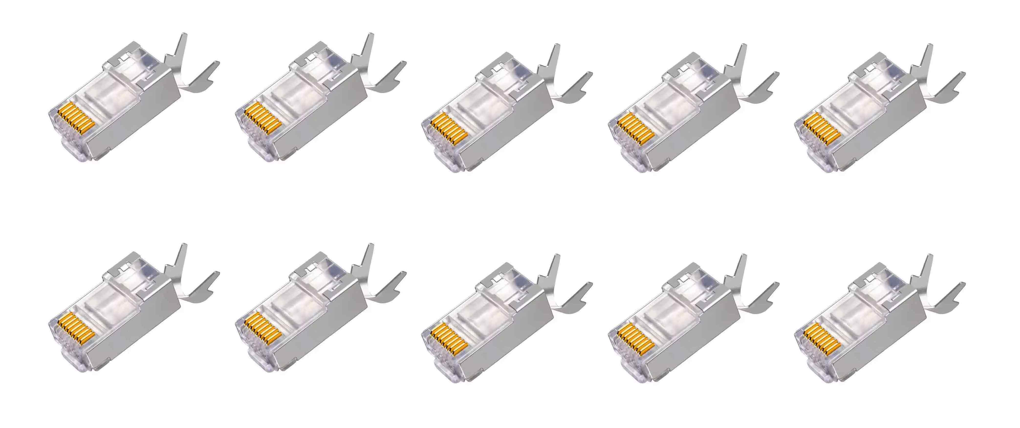 BOXNUBE RJ45 Cat7 Cat6A Crimping Connectors 8P8C Modular Plug 3 Prong Shielded FTP / STP Metal Connector | Dovetail Clip Design BOXNUBE RJ45 Cat7 Cat6A Crimping Connectors 8P8C Modular Plug 3 Prong Shielded FTP / STP Metal Connector | Dovetail Clip Design